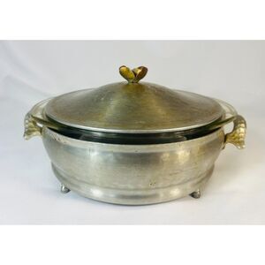 Vintage Pyrex Casserole Glass Dish Hammered Aluminum Holder Tulip